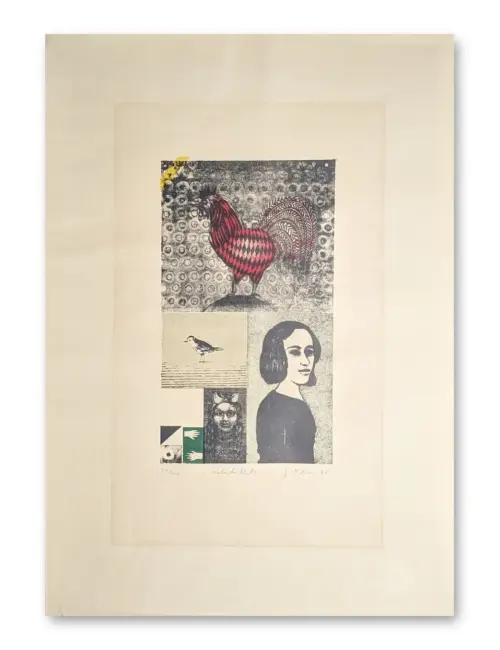 Farbiger Holzschnitt mit Hahn, Porträt einer Frau, Vogel und Teufelsfigur in collageartig geteilter Komposition