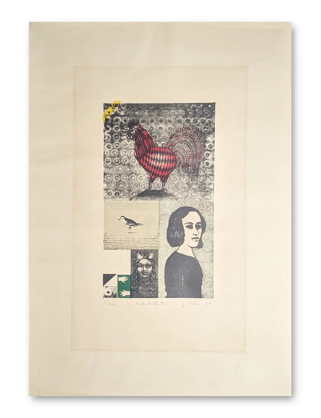 Farbiger Holzschnitt mit Hahn, Porträt einer Frau, Vogel und Teufelsfigur in collageartig geteilter Komposition