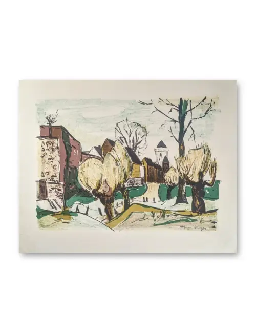 Farbige Lithografie einer Stadtlandschaft mit kahlen Kopfweiden, Häusern und einem Kirchturm im Hintergrund