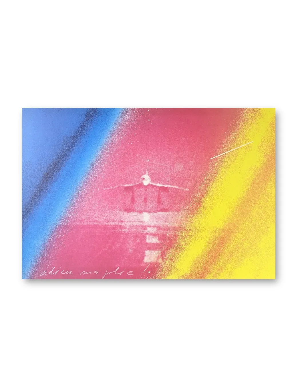 Farbiger Offsetdruck mit abstrakten Farbfeldern in Blau, Pink und Gelb sowie einem zentralen Flugzeugmotiv