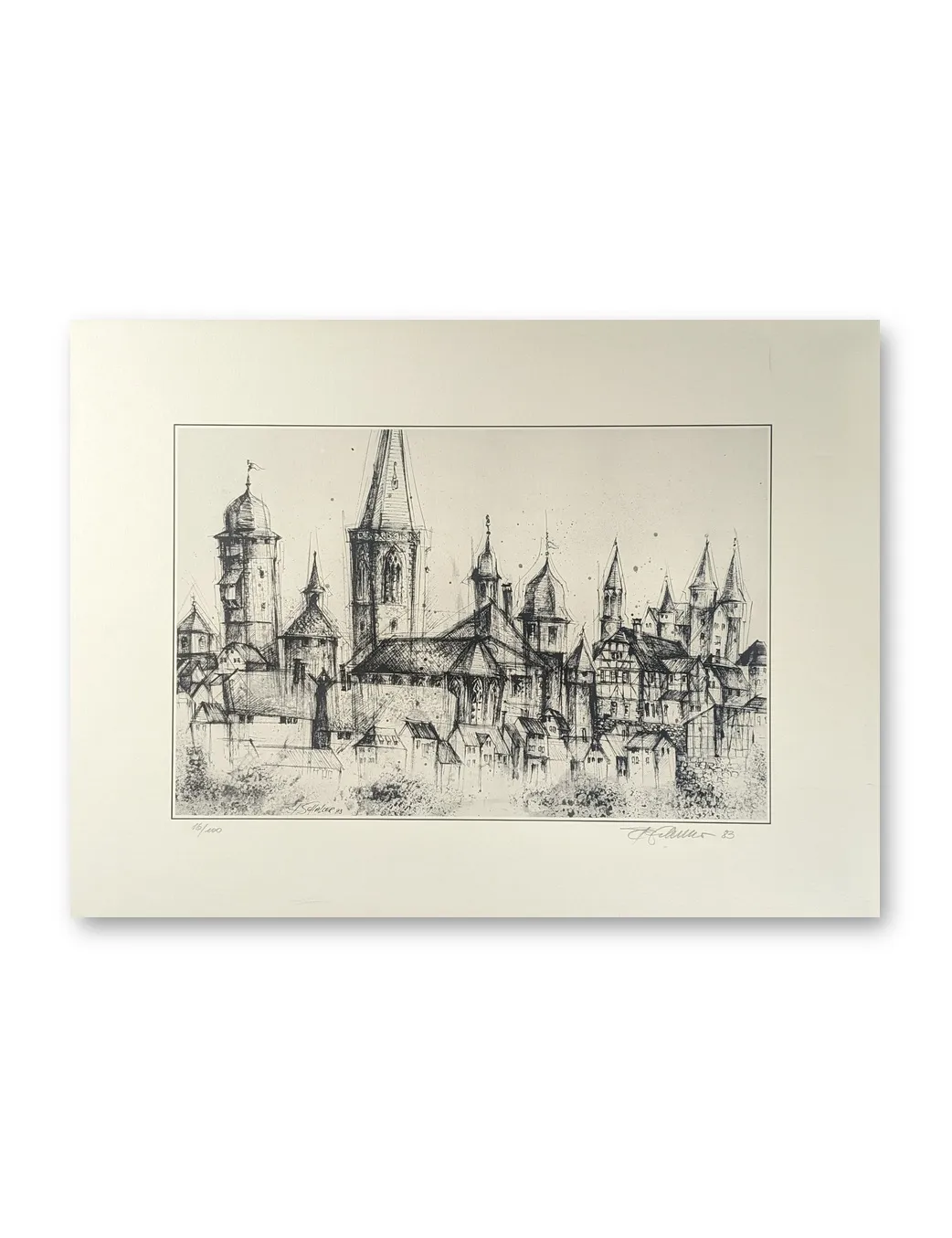 Originalgrafik „Dächerlandschaft" von Schaller, 1983: Stadtsilhouette mit Kirchtürmen und Fachwerkhäusern, Querformat