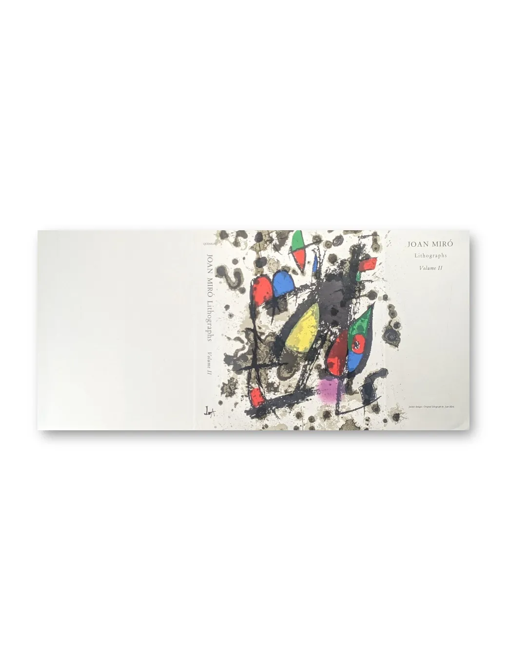 Buchcover Joan Miró Lithographs Volume II, abstrakte Figuren in Rot, Blau, Gelb, Grün auf weißem Grund, Querformat