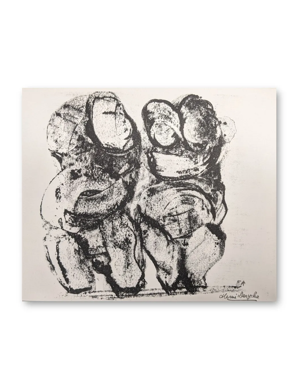 Schwarzweiße Lithografie mit zwei abstrakten, gedrungenen Figuren in expressiver Formensprache auf hellem Papier