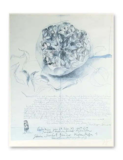 Horst Janssen, Ausstellungsplakat 1979: Bleistiftzeichnung einer aufgeschnittenen Granatapfelhälfte mit handschriftlichem Text