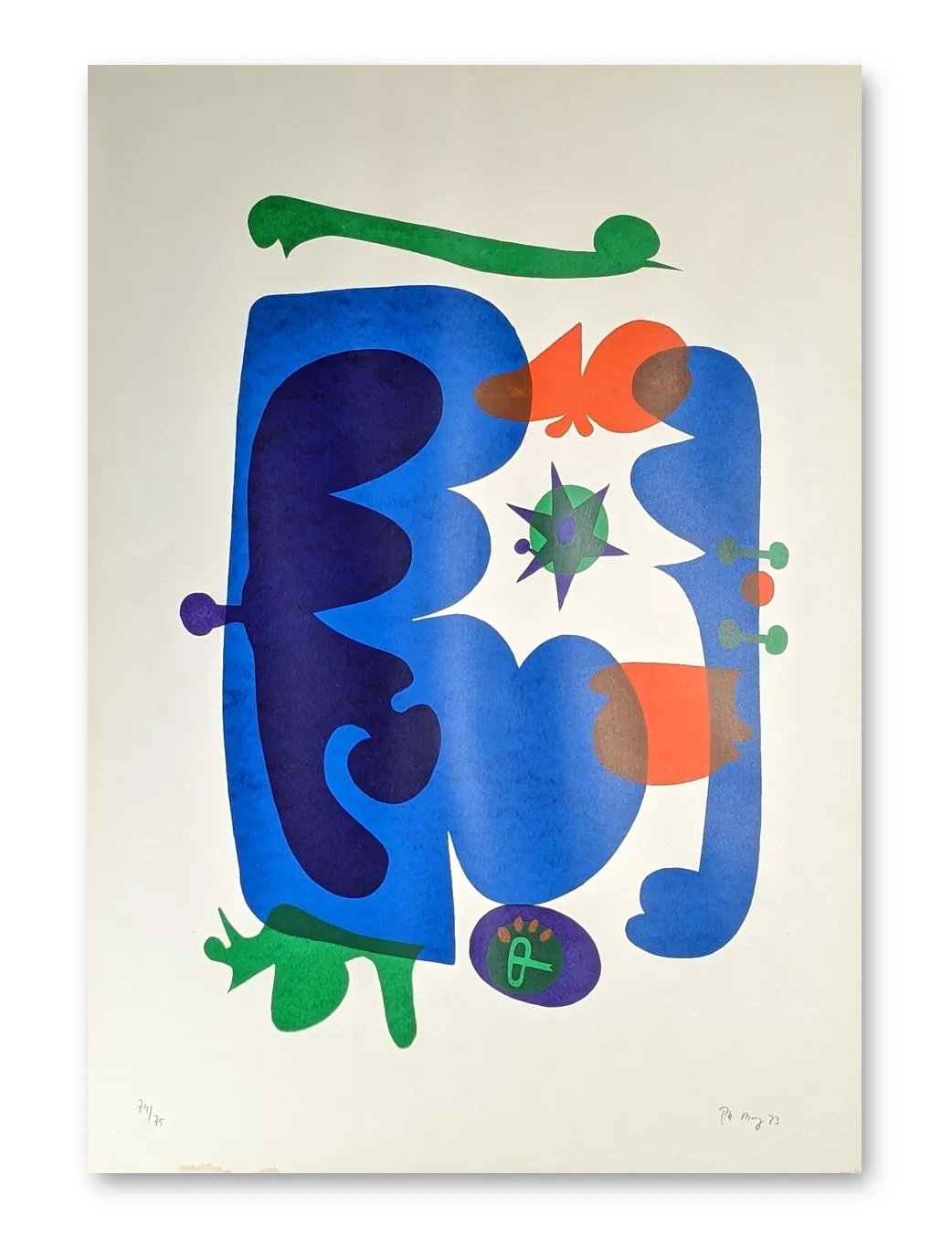 Abstrakte Komposition von Pitt Moog, 1973: geschwungene blaue Formen, grüne Kurven, orange und violette Akzente auf hellem Grund