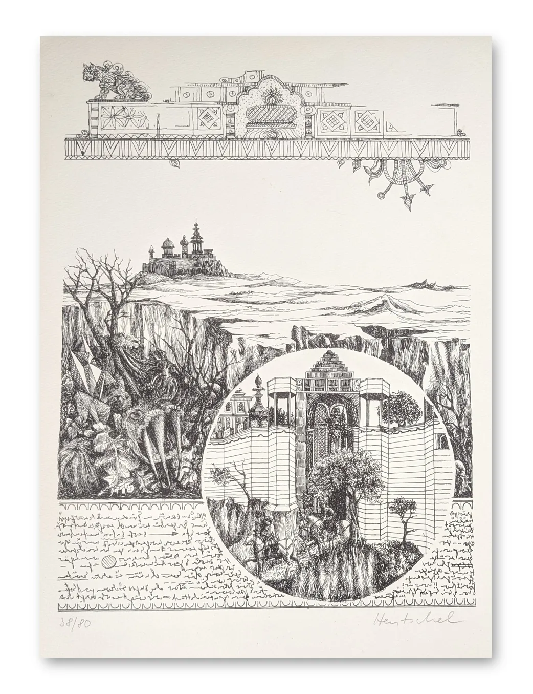 Detailreiche Schwarz-Weiß-Grafik mit orientalischer Architektur, Felslandschaft, rundem Vignettenbild und kalligrafischen Schrift
