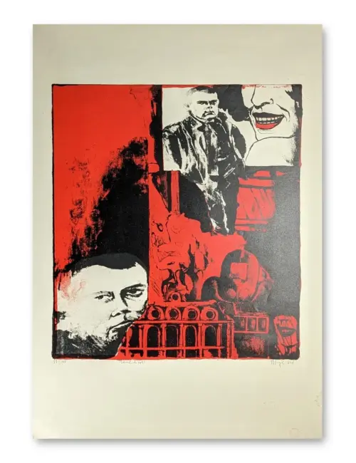 Siebdruck in Rot, Schwarz und Weiß mit collagehaften Figurenfragmenten, Gesichtern und Architekturmotiven