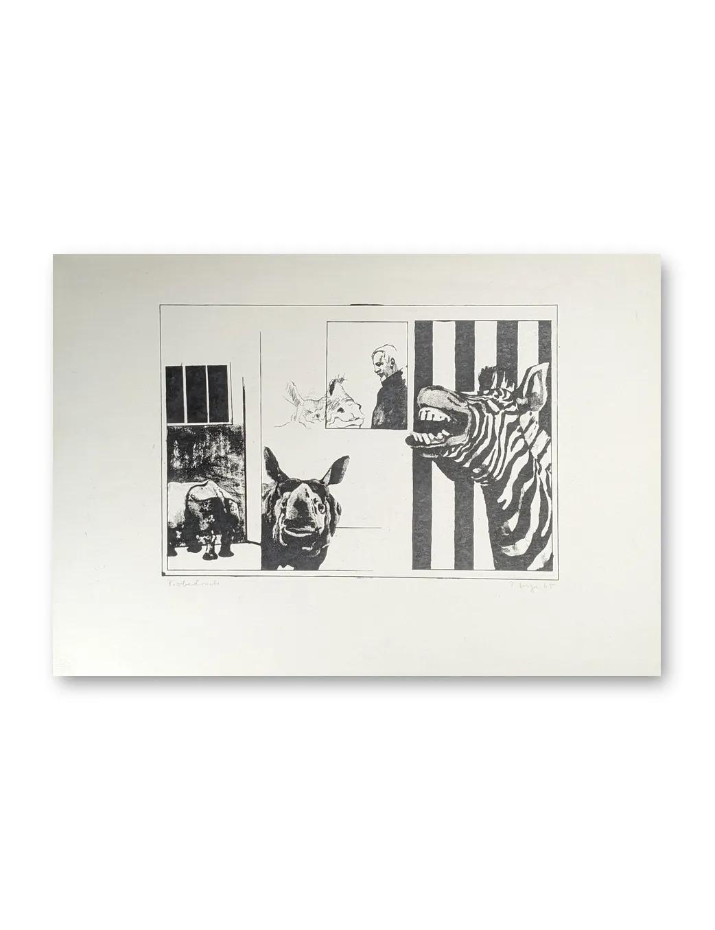 Lithografie von Peter Sorge: Zebrakopf, Nashorn und menschliche Figur in fragmentierter Bildkomposition