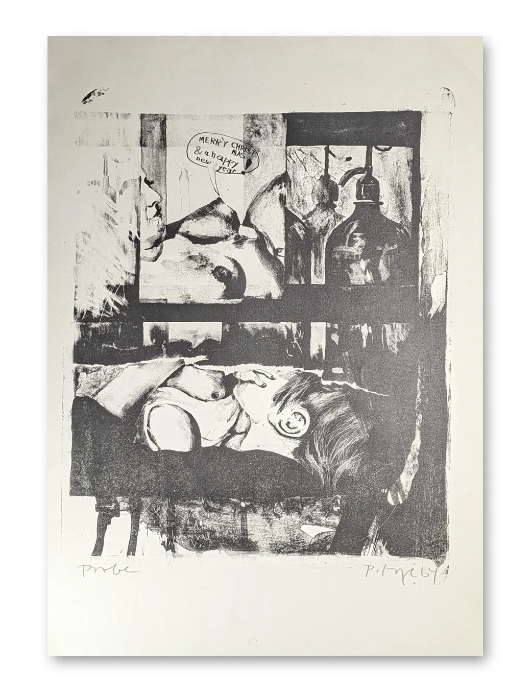 Schwarzweiße Lithografie mit zwei übereinander angeordneten figurativen Szenen, Sprechblase mit Weihnachtsgruß