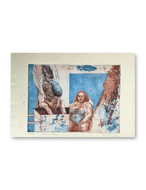 Farbradierung mit drei menschlichen Figuren in Blau und Rotbraun, figurative Komposition auf hellem Papier