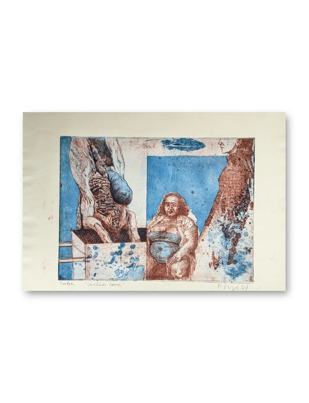 Farbradierung mit drei menschlichen Figuren in Blau und Rotbraun, figurative Komposition auf hellem Papier