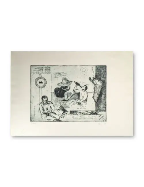 Radierung von Peter Sorge: mehrere Figuren in surrealer Szene, Schriftzeichen, Sonne, querorientiertes Blatt