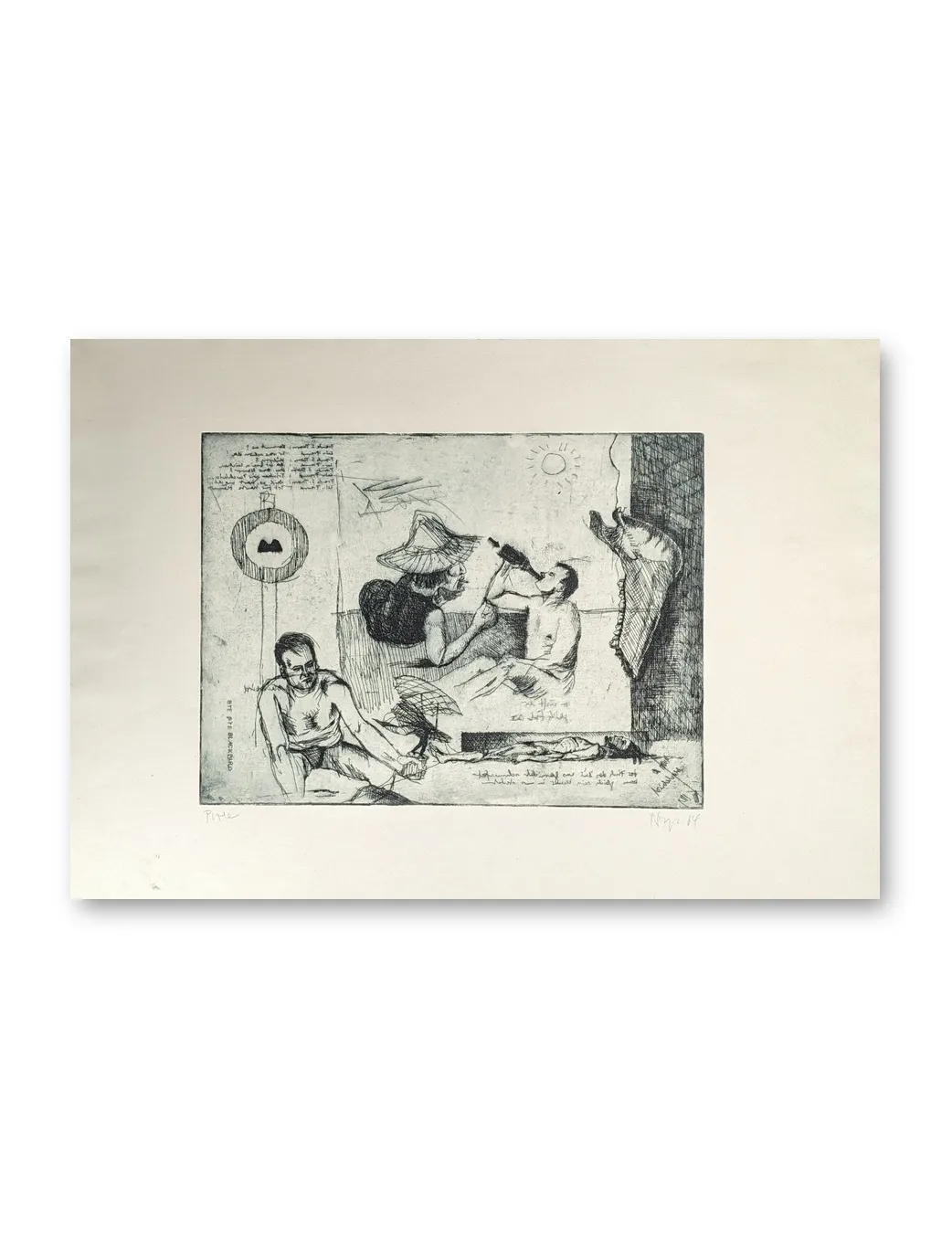 Radierung von Peter Sorge: mehrere Figuren in surrealer Szene, Schriftzeichen, Sonne, querorientiertes Blatt
