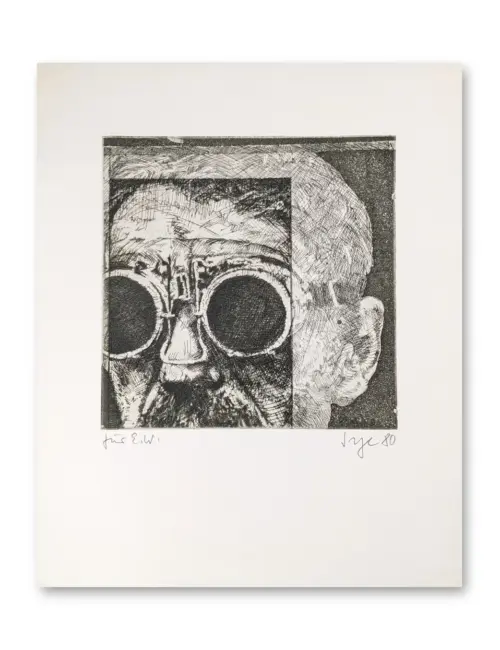 Radierung eines älteren Männerkopfes mit großer runder Brille, zweigeteilte Komposition, Schwarz-Weiß, Peter Sorge 1980