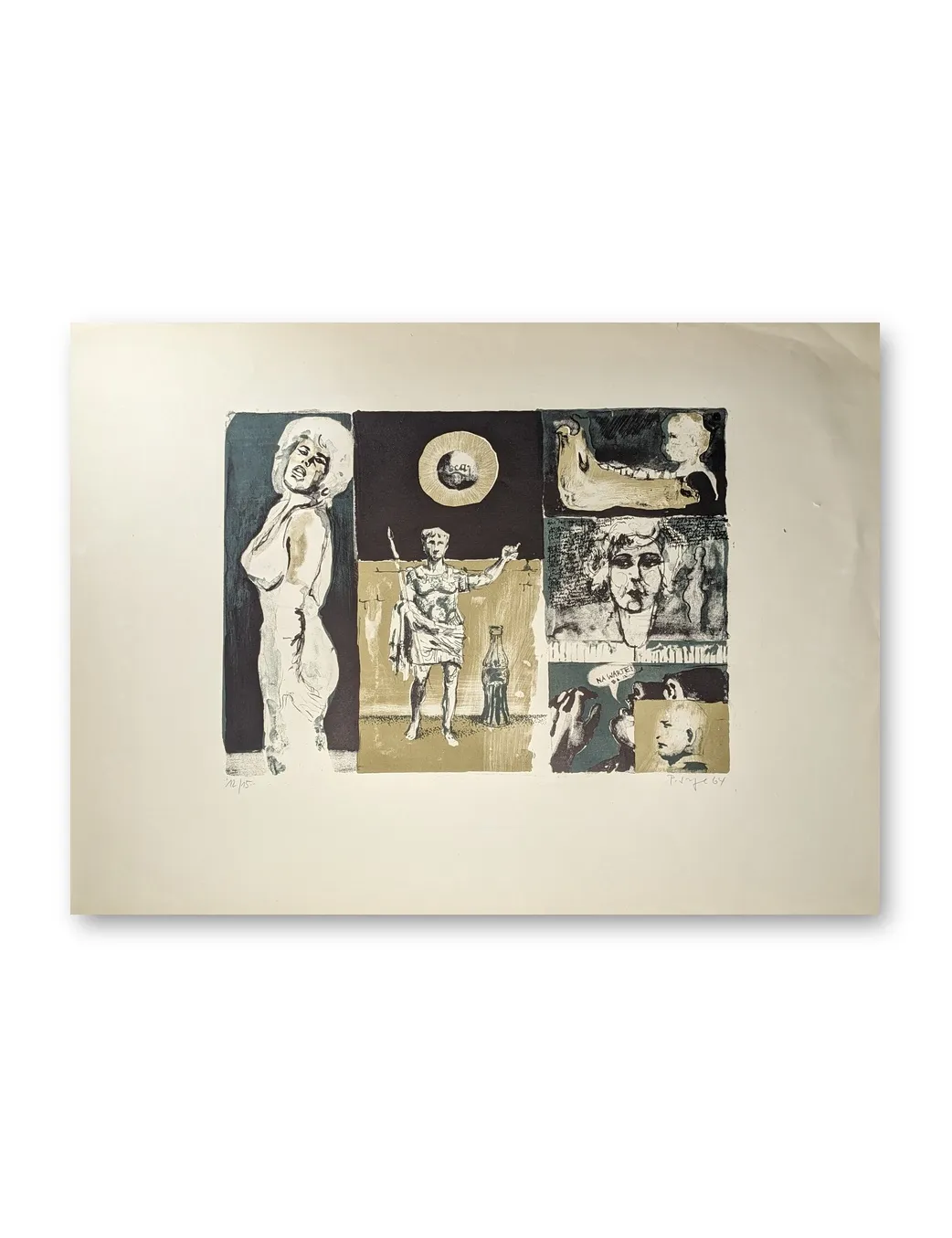 Farblithografie von Peter Sorge, 1964: collageartige Bildfelder mit Frauenfigur, römischer Statue, Coca-Cola-Flasche und Port