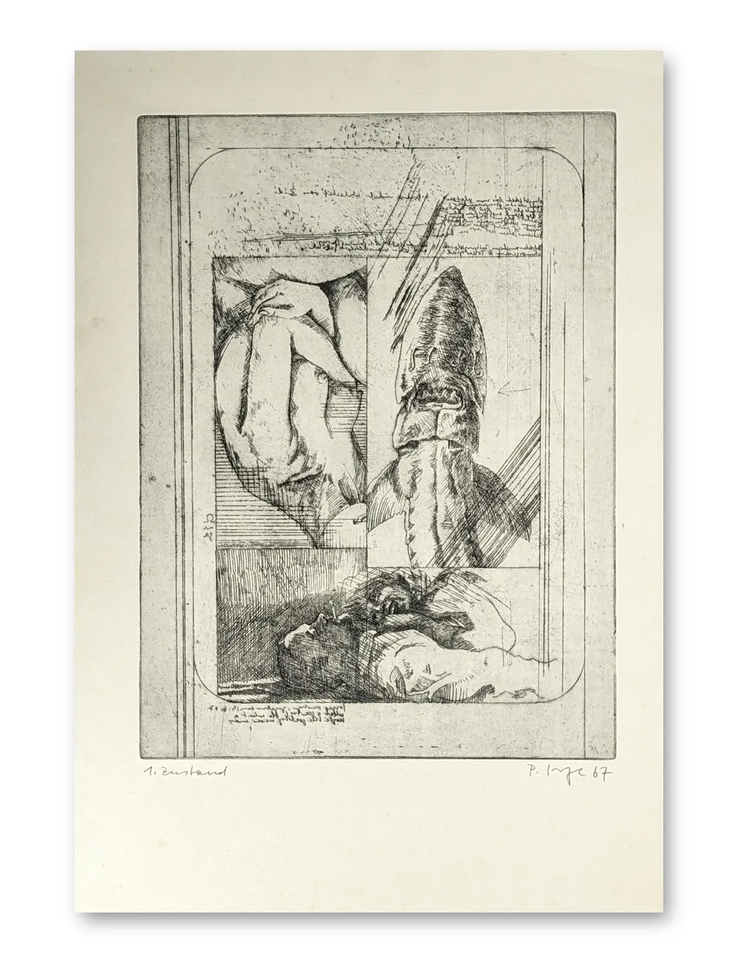 Radierung von Peter Sorge, 1967: fragmentierte Figuren, Aktdarstellung, bischöfliche Gestalt, Schriftzeichen, Hochformat