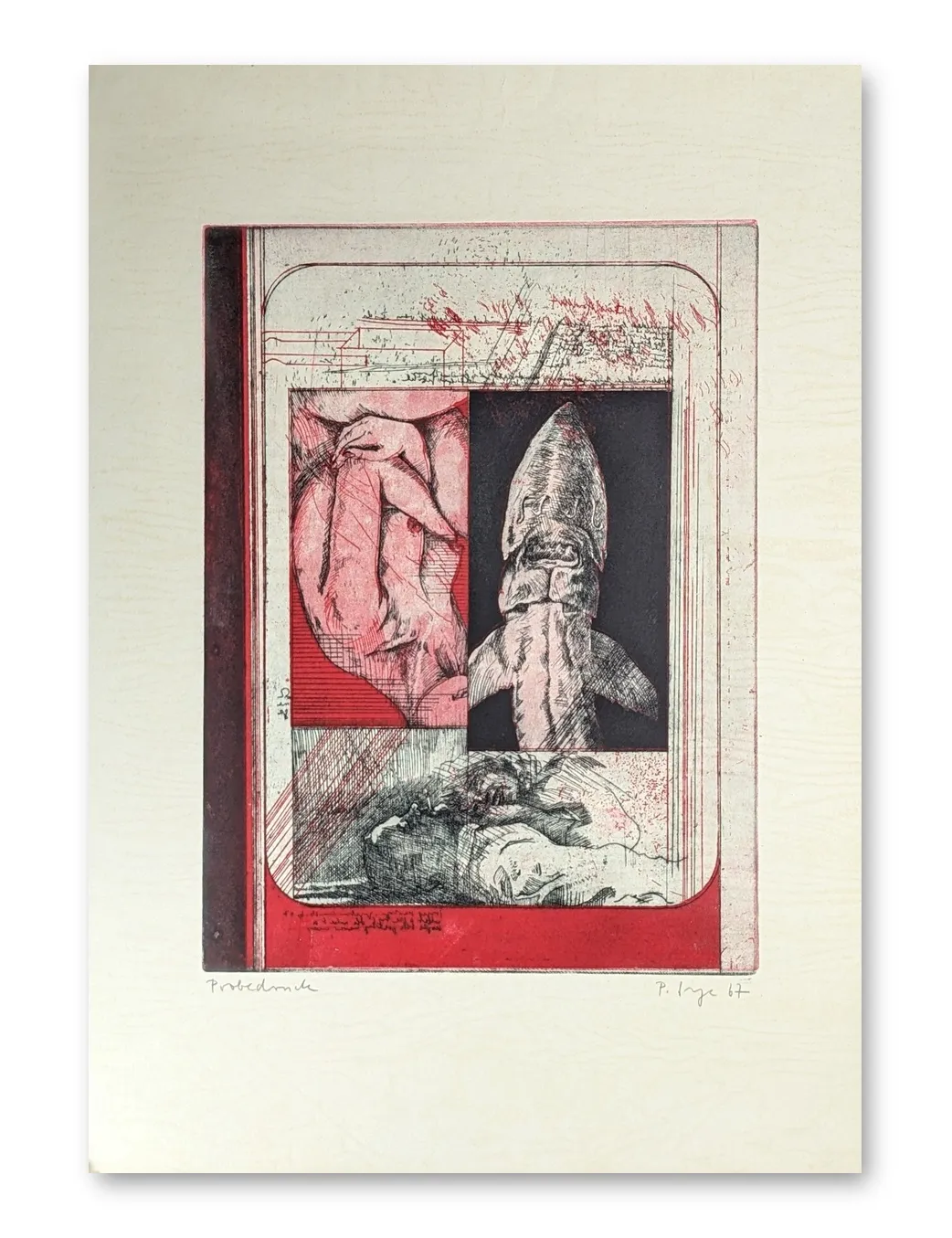 Radierung von Peter Sorge, 1967: figurative Komposition mit Händen, Rakete und Gesicht in Rot und Schwarz