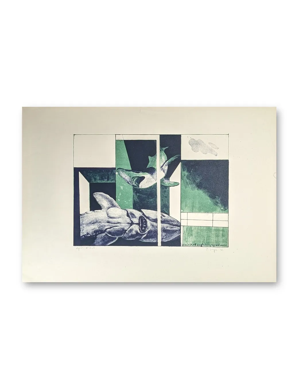 Zweifarbige Lithografie mit Haien in Blau und Grün, geometrisch-abstrakte Komposition, Peter Sorge, 1966