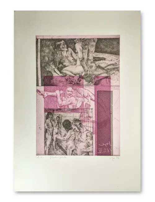 Radierung von Peter Sorge: Figurative Komposition mit nackten Figuren in Rosa und Schwarz, dreigeteilt, Hochformat