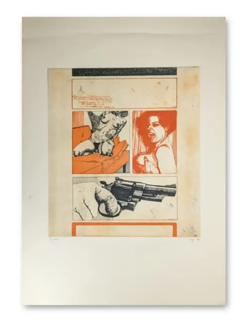 Radierung von Peter Sorge: Comic-artige Panels mit weiblichem Akt, schreiender Frau und Revolver in Orange und Schwarz