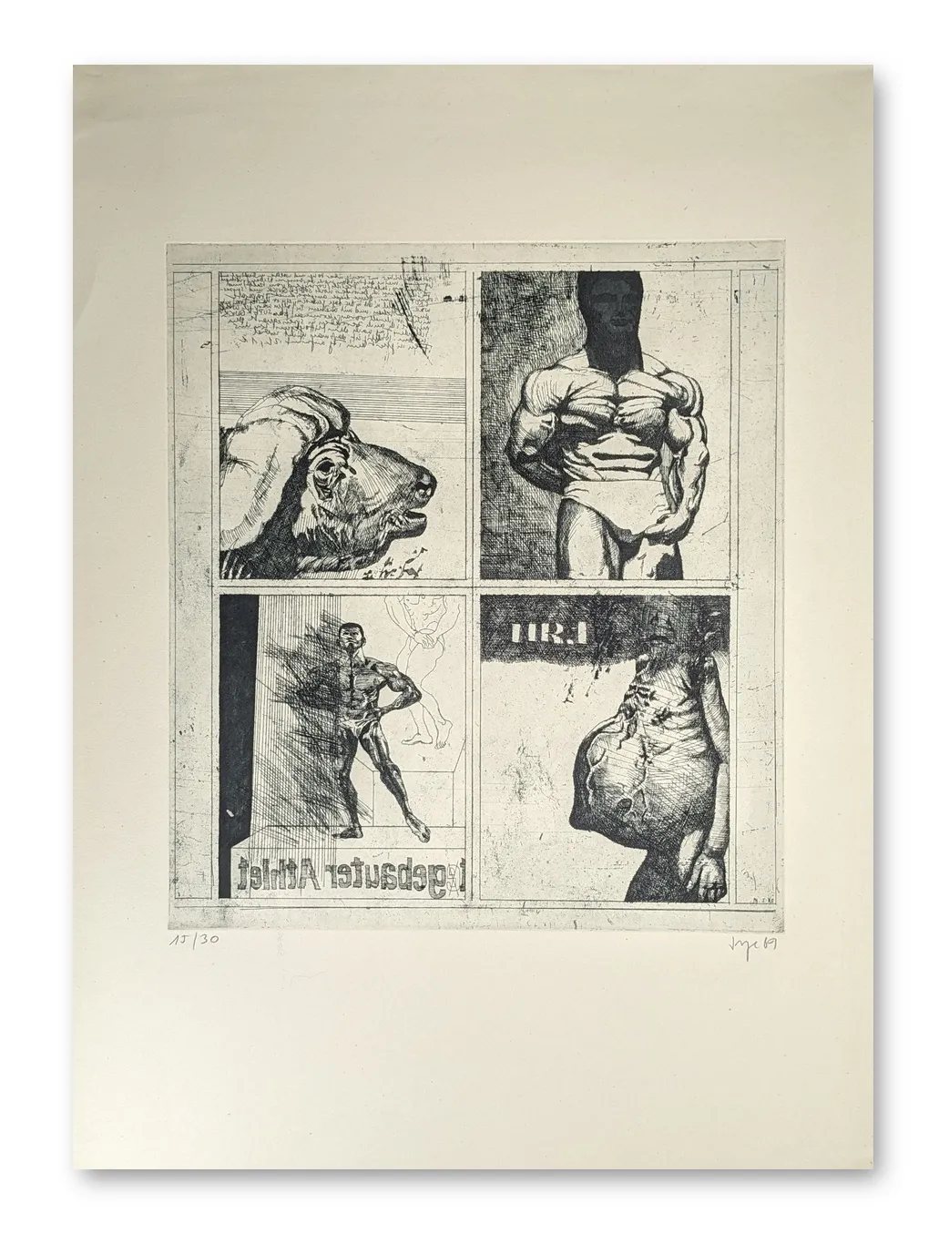 Radierung von Peter Sorge, vier Felder mit Tiermaul, Muskelmann, Athlet und Torso, schwarz-weiß, 1969
