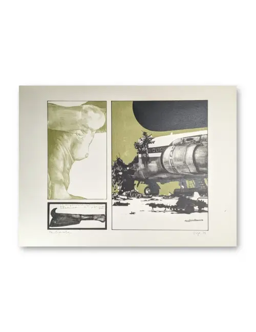 Lithografie von Peter Sorge: drei Bildfelder mit weiblichem Torso, Flugzeugwrack und Messer auf olivgelbem Grund