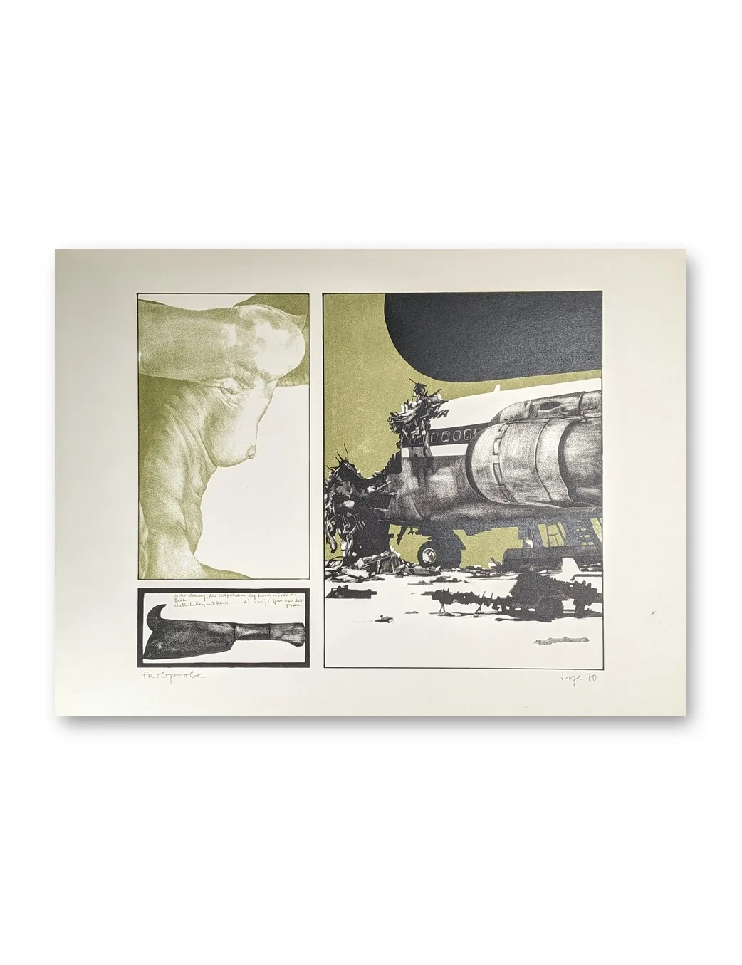 Lithografie von Peter Sorge: drei Bildfelder mit weiblichem Torso, Flugzeugwrack und Messer auf olivgelbem Grund