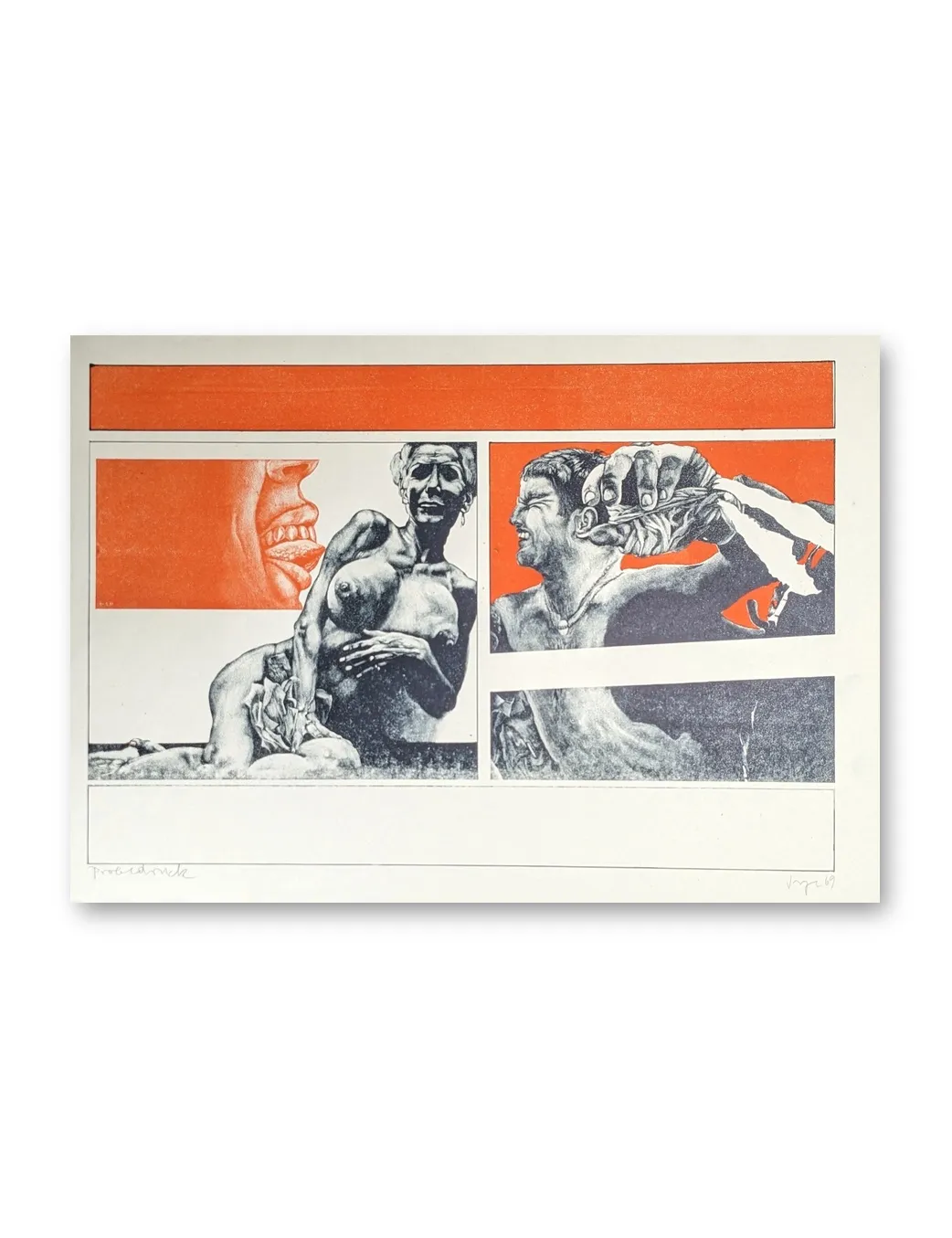 Peter Sorge, Am Arm / Touch, 1969, Lithografie, figurative Komposition in Orange und Grau, Querformat