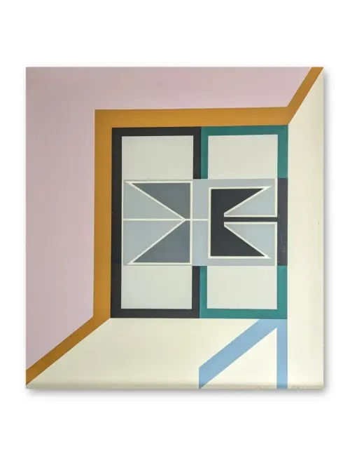 Geometrisch-abstrakte Komposition mit Rechtecken, Dreiecken und Farbflächen in Rosa, Ocker, Türkis, Grau und Weiß