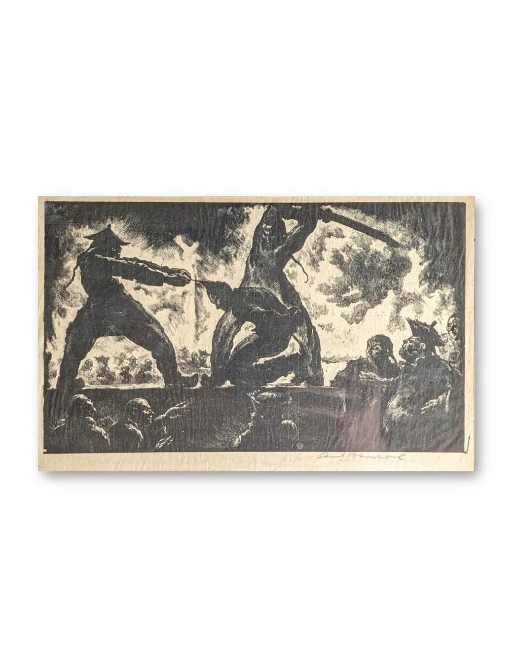 Expressiver Holzschnitt mit dramatischer Kampfszene, dunkle Silhouetten auf hellem Grund, handsigniert