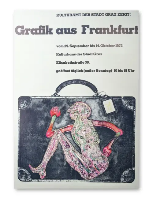 Ausstellungsplakat „Grafik aus Frankfurt" 1972: sitzende Figur mit ornamentiertem Körper auf dunklem Koffer, Offsetdruck