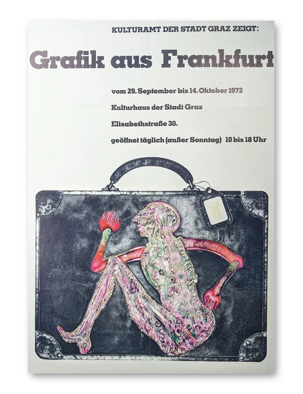 Ausstellungsplakat „Grafik aus Frankfurt" 1972: sitzende Figur mit ornamentiertem Körper auf dunklem Koffer, Offsetdruck