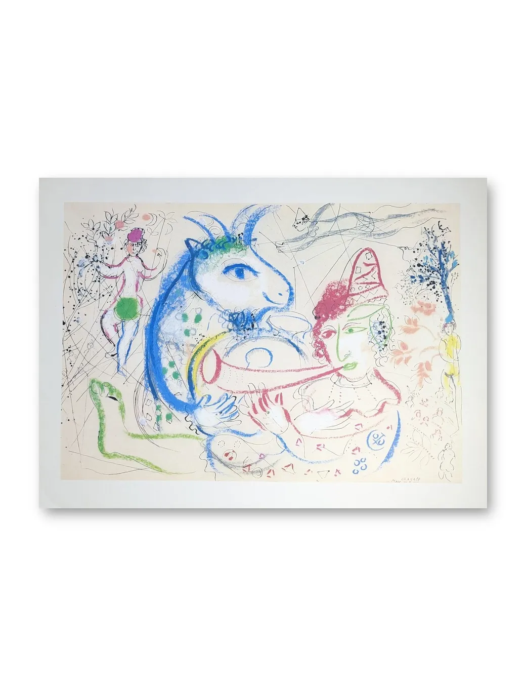 Farbige Offsetlithografie von Marc Chagall: blauer Stier, Clownsfigur, tanzende Gestalt, florale Elemente