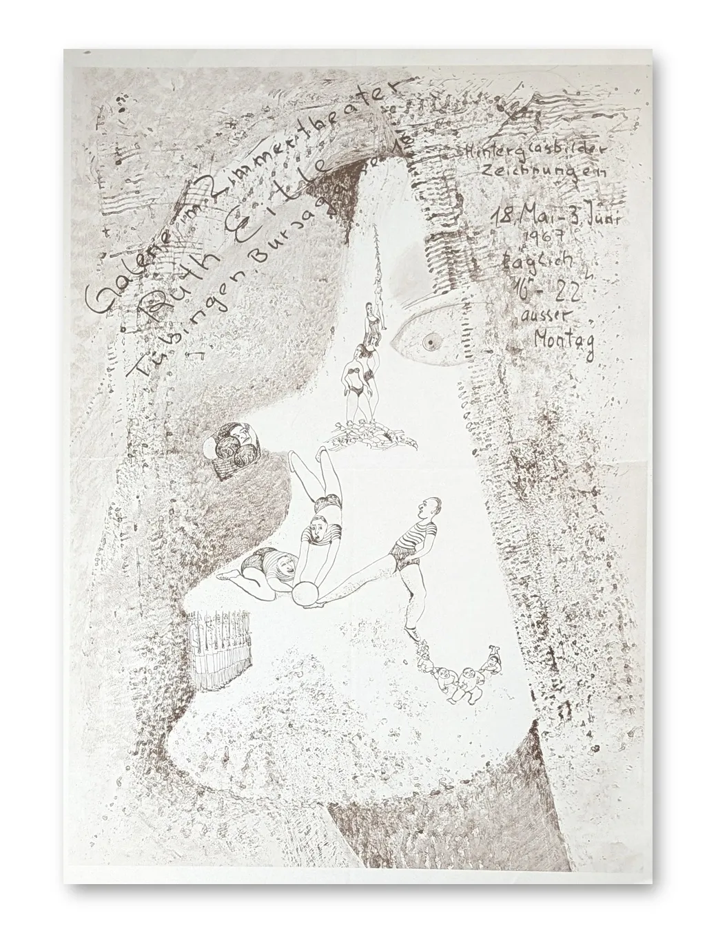 Offsetdruck-Ausstellungsplakat von Ruth Eitle, 1967: Akrobaten in Höhlenarchitektur, Tuschezeichnung-Stil, Hochformat