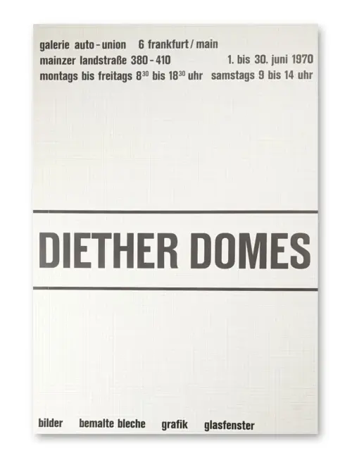 Ausstellungsplakat Diether Domes 1970, Offsetdruck auf Millimeterpapier, Typografie in Grau, Hochformat