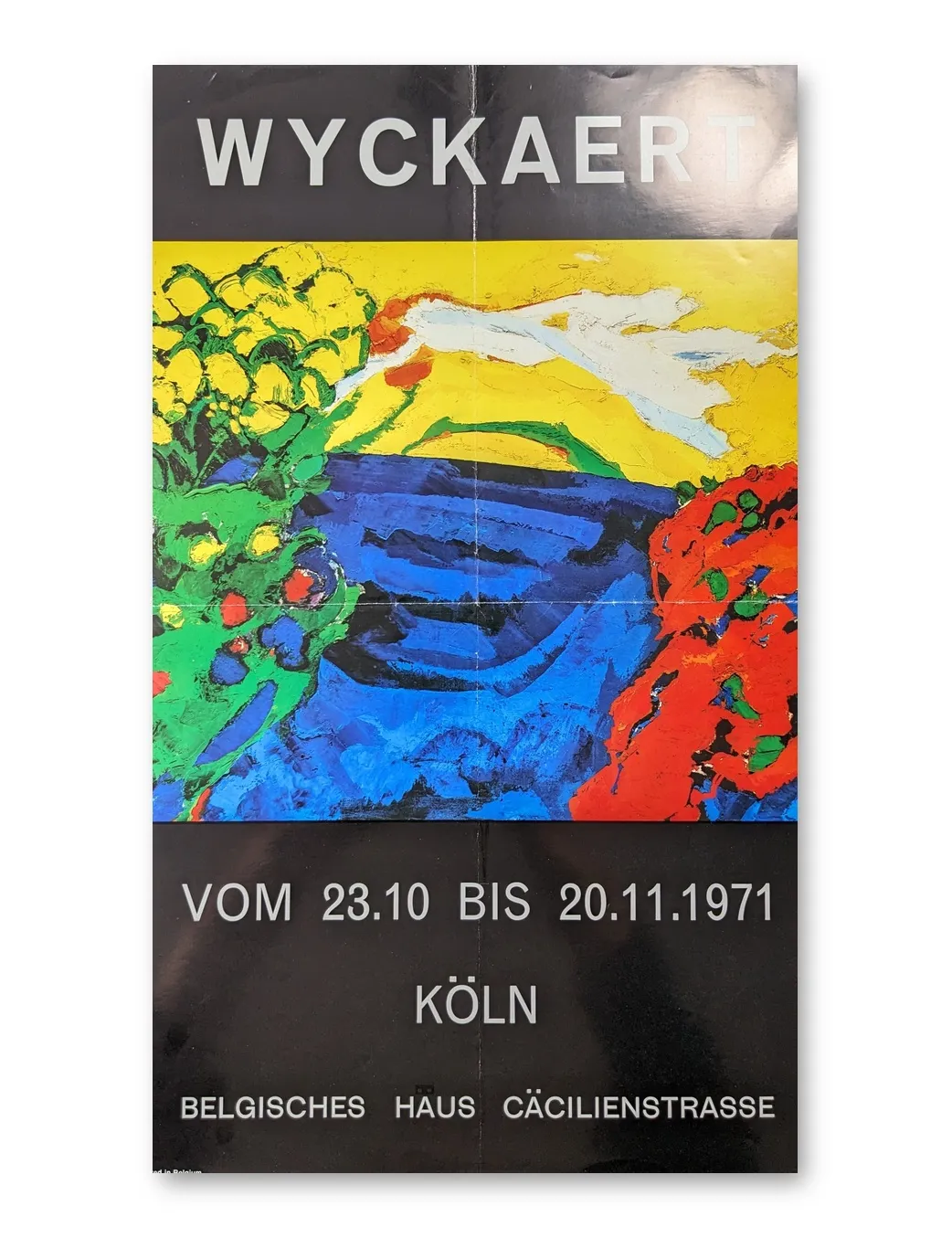 Ausstellungsplakat Wyckaert 1971, Offsetdruck, farbenfrohe abstrakte Landschaft in Gelb, Blau, Grün und Rot, Hochformat