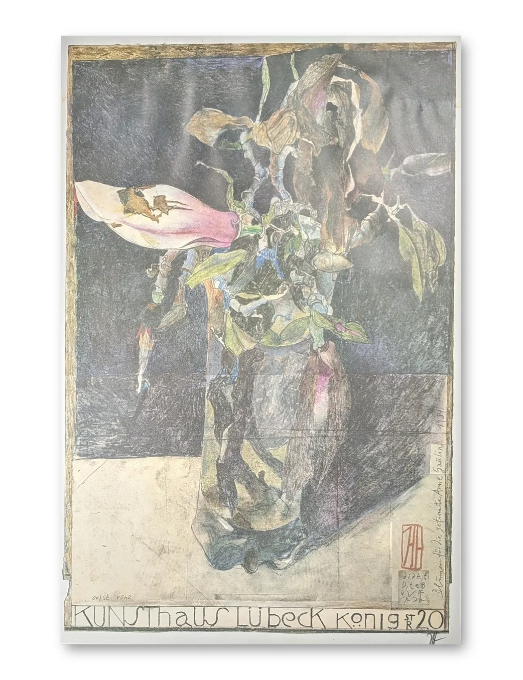 Horst Janssen, Ausstellungsplakat Kunsthaus Lübeck, 1981: Blumenstillleben in Vase, Offsetdruck, Hochformat
