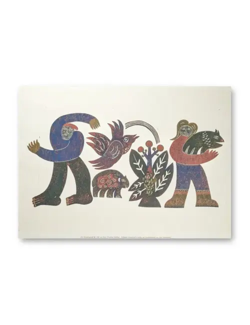 Farbiger Linolschnitt mit zwei stilisierten Figuren, Vogel, Bär, Pflanze und Tier in Blau, Rot und Dunkelgrün