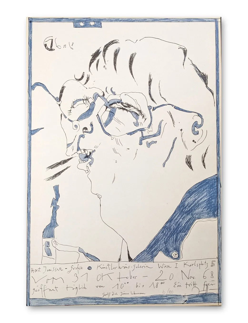 Horst Janssen, Ausstellungsplakat 1968, Originalgrafik, Tusche und Blau, expressives Porträt mit Brille im Hochformat