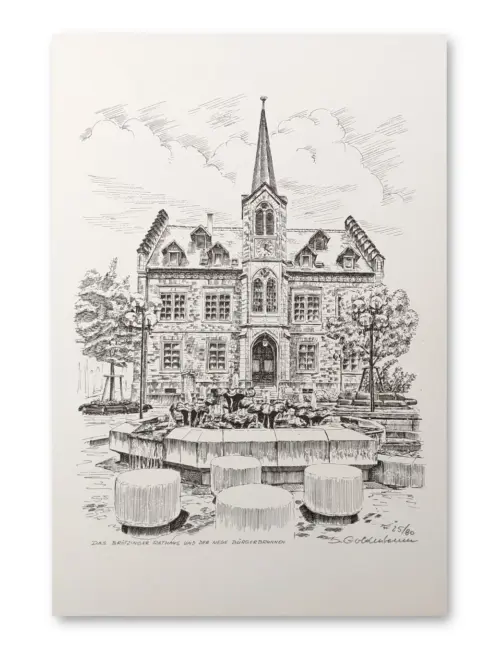 Federzeichnungsartige Druckgrafik des Brötzinger Rathauses mit neogotischem Turm und Bürgerbrunnen im Vordergrund