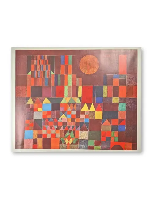 Kunstdruck „Burg und Sonne" von Paul Klee, geometrische Stadtarchitektur in Rot- und Erdtönen mit orangefarbener Sonne