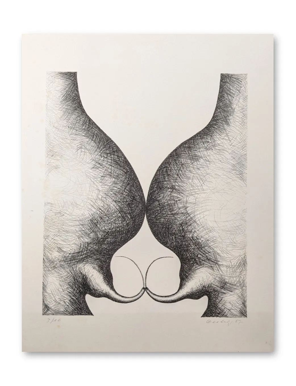 Lithografie von Christoph Gerling: zwei symmetrische, organisch-abstrakte Formen in Schwarz auf Cremepapier, Hochformat