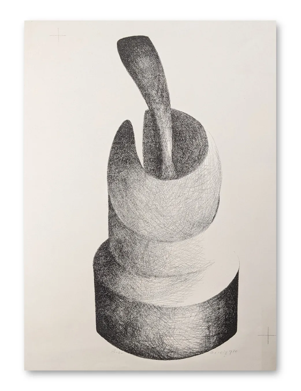 Lithografie von Christoph Gerling: abstrakte, skulpturale Form in Schwarz-Grau auf hellem Grund, Hochformat