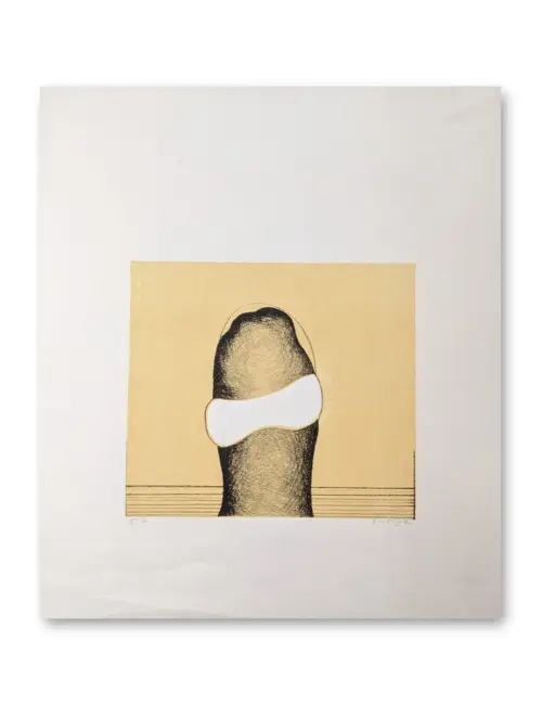 Lithografie von Christoph Gerling: abstraktes dunkles Objekt mit weißem Band auf gelbem Grund, Hochformat