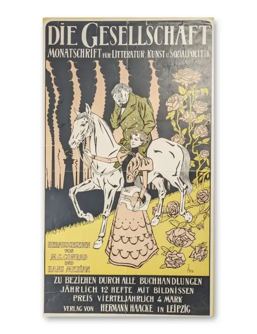 Jugendstil-Werbeplakat „Die Gesellschaft": Frau mit Harfe, Reiter auf weißem Pferd, Rosen, schwarze Schlote, gelb-schwarze Fa