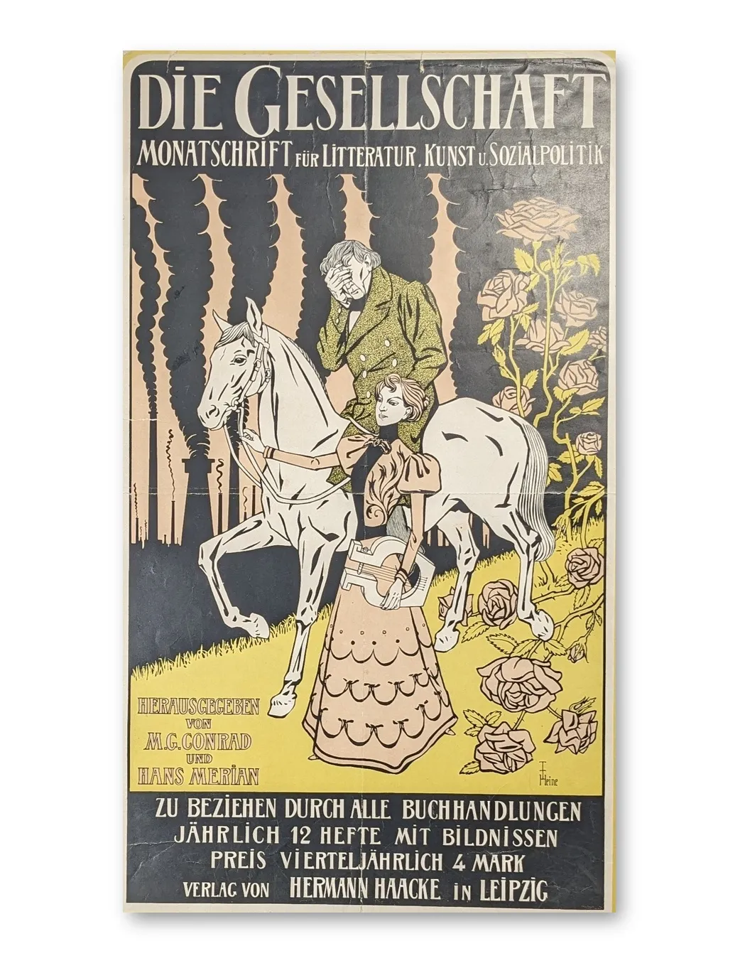 Jugendstil-Werbeplakat „Die Gesellschaft": Frau mit Harfe, Reiter auf weißem Pferd, Rosen, schwarze Schlote, gelb-schwarze Fa
