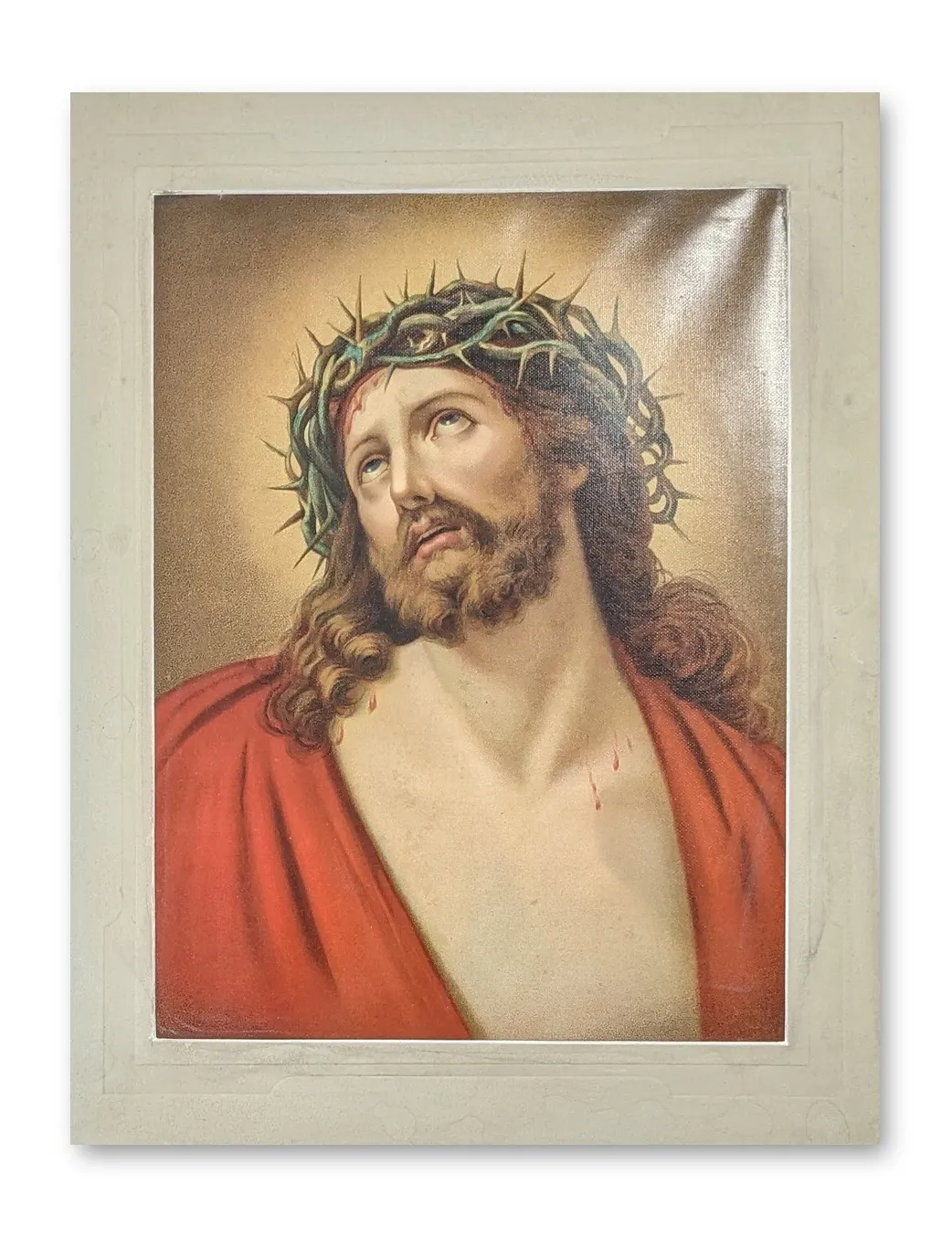 Lithografie: Brustbild Jesu Christi mit Dornenkrone, rotem Gewand, Blick nach oben gerichtet, goldener Lichtschein