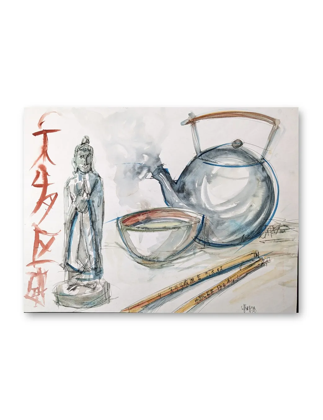 Aquarell mit Guanyin-Figur, Teekanne, Teeschale und Essstäbchen, rote Schriftzeichen links, grau-blaue Töne