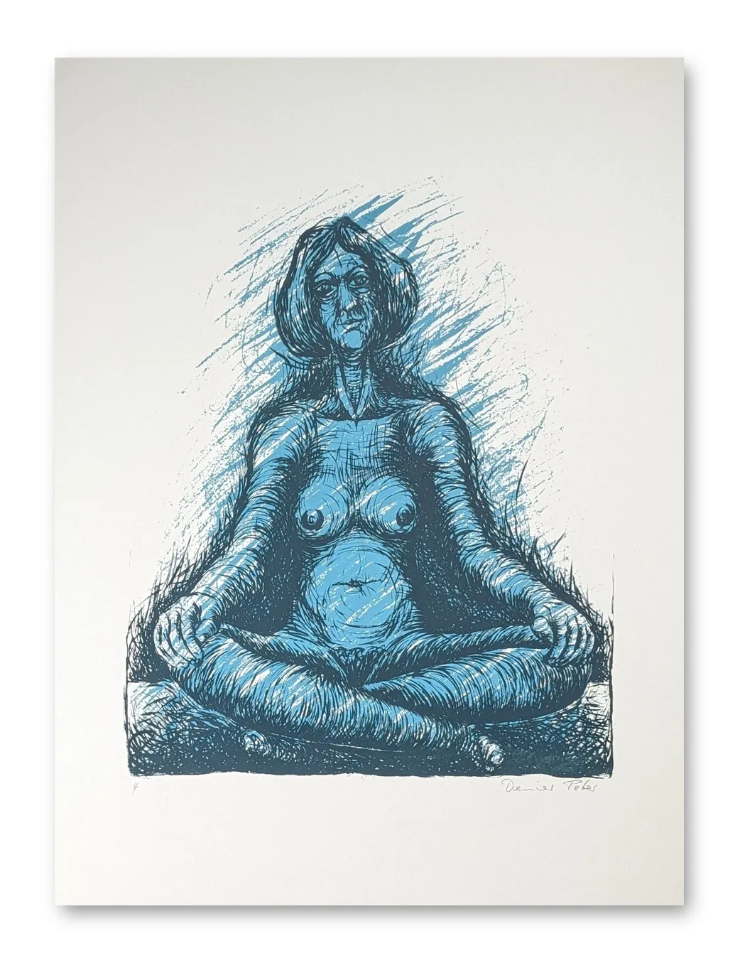 Siebdruck einer sitzenden weiblichen Aktfigur in Meditationshaltung, zweifarb. Blautönen, expressiver Linienstruktur