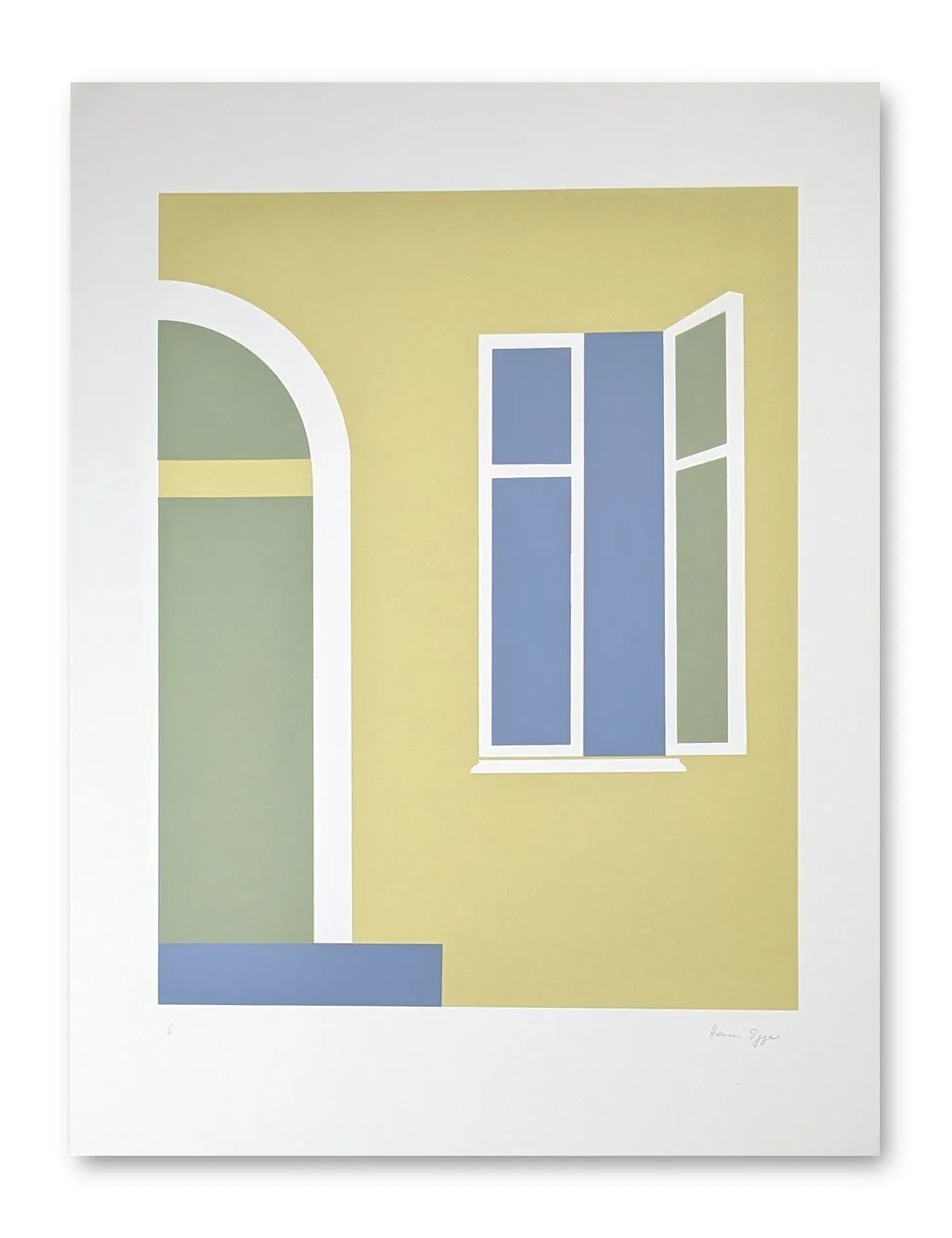 Siebdruck einer geometrisch reduzierten Hausfassade in Gelb, Grün und Blau mit Rundbogen und geöffnetem Fenster